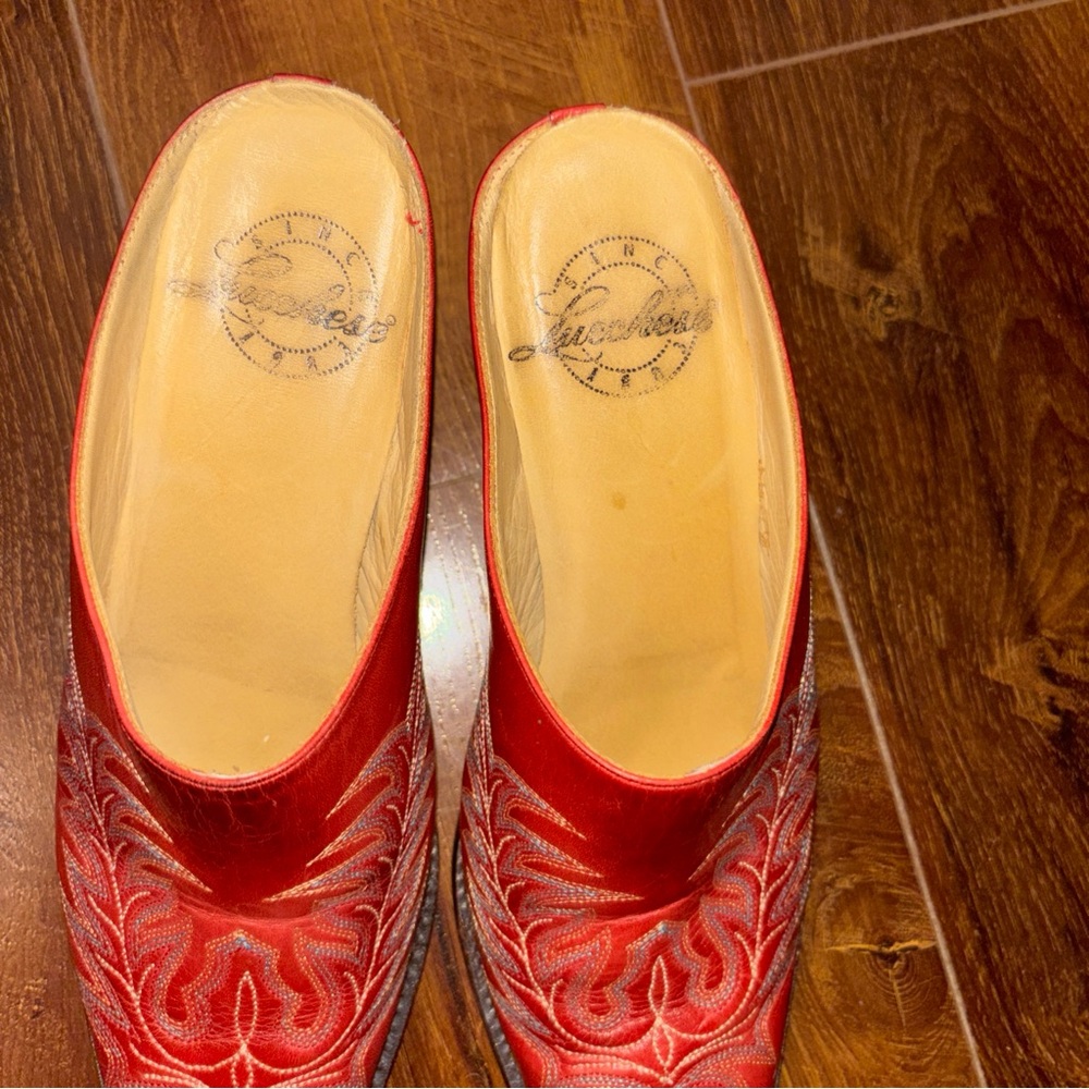 Lucchese Red Embroidered Leather Mules - Picture 5 of 11
